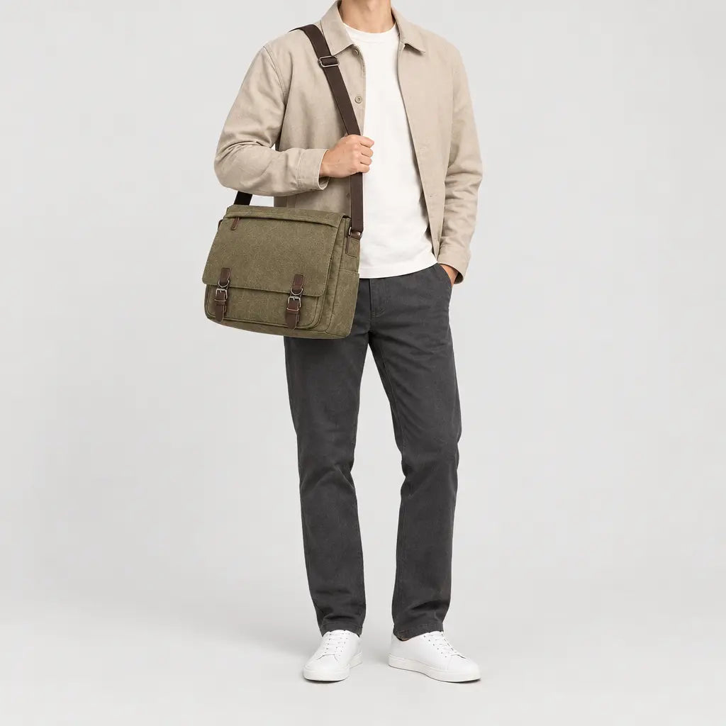Sac bandoulière homme en toile pour ordinateur - kaki