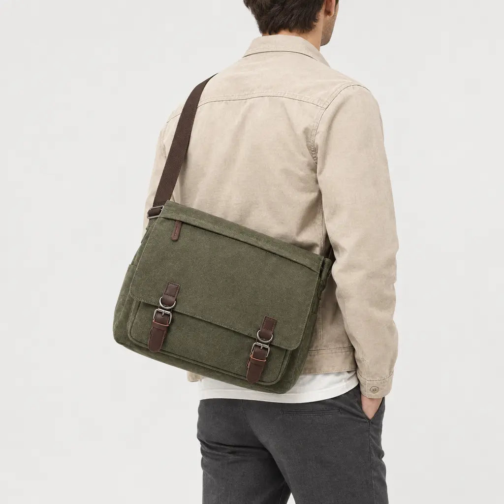 Sac bandoulière homme en toile pour ordinateur - vert armee