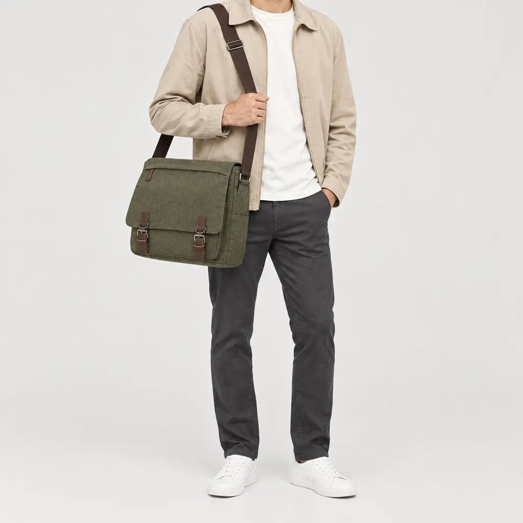 Sac bandoulière homme en toile pour ordinateur - vert armee