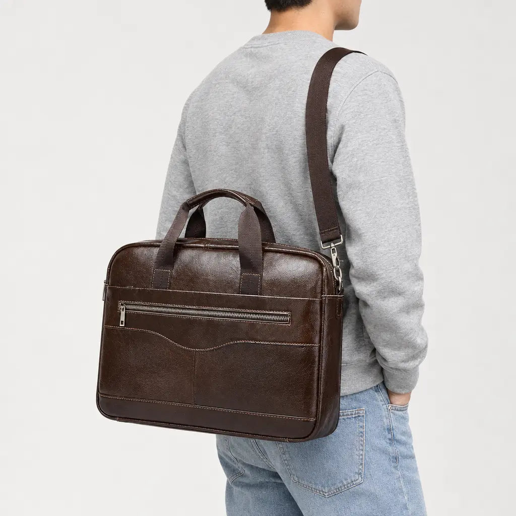 Sac ordinateur homme en cuir véritable - cafe