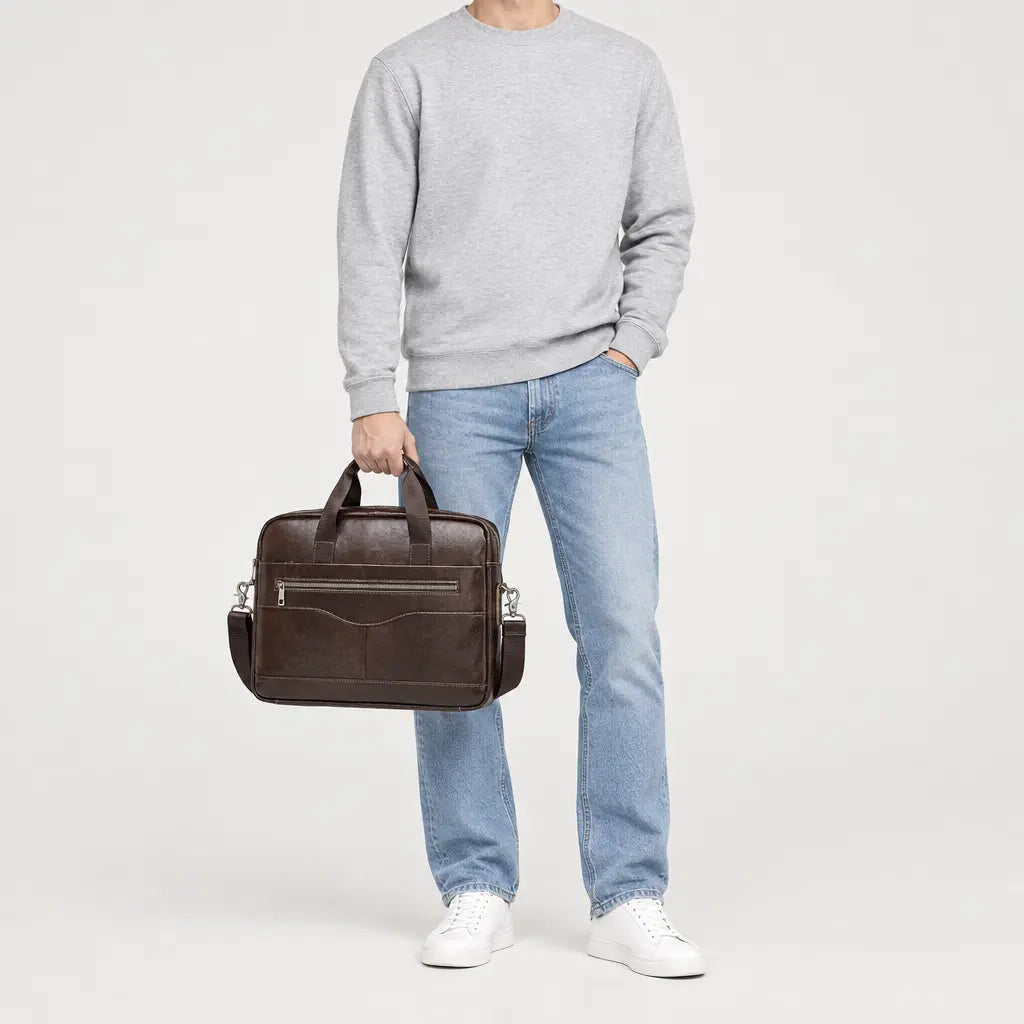 Sac ordinateur homme en cuir véritable - cafe