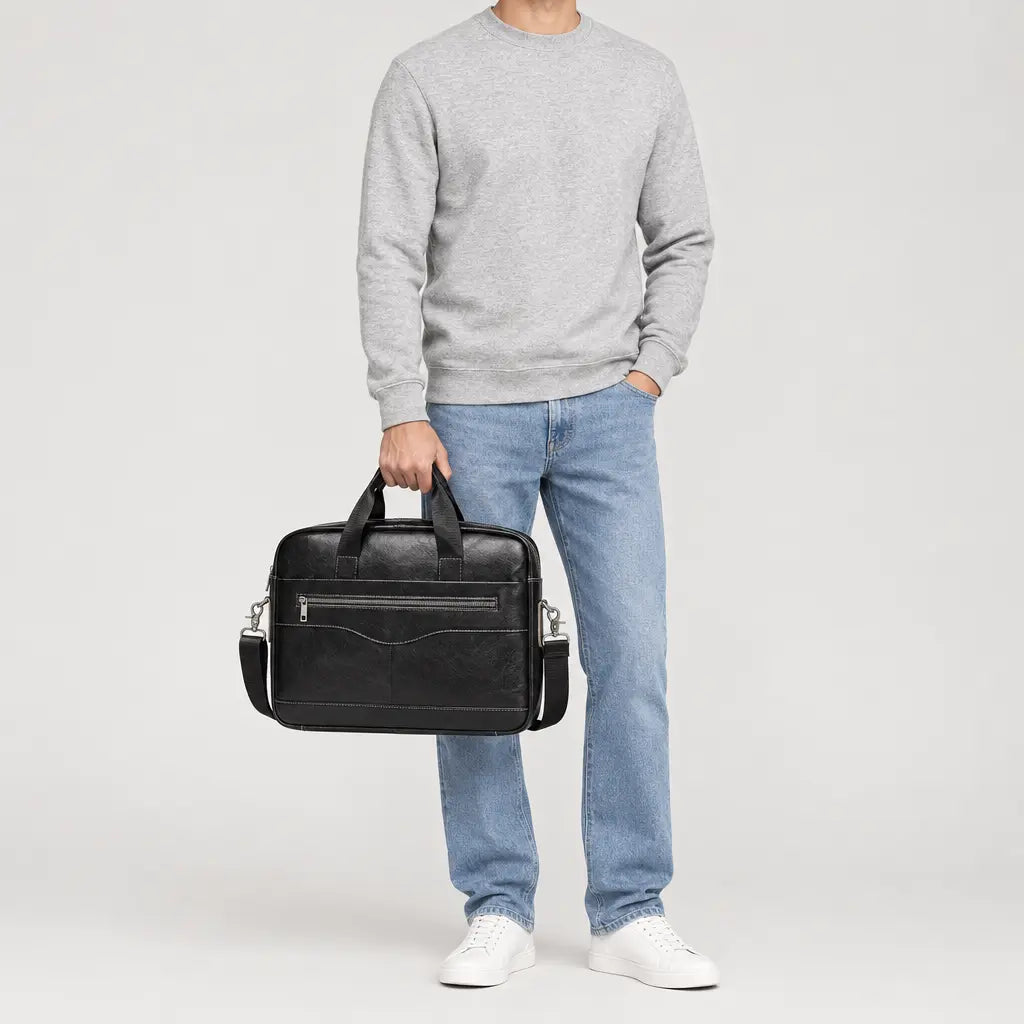 Sac ordinateur homme en cuir véritable - noir