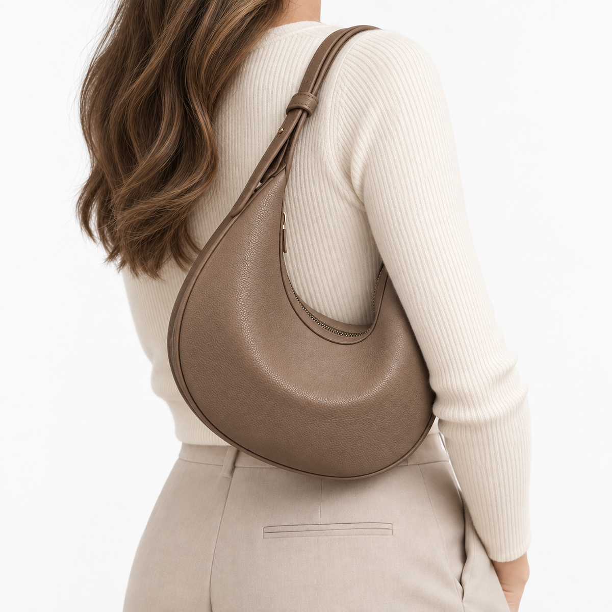 Sac demi-lune femme en simili cuir - marron