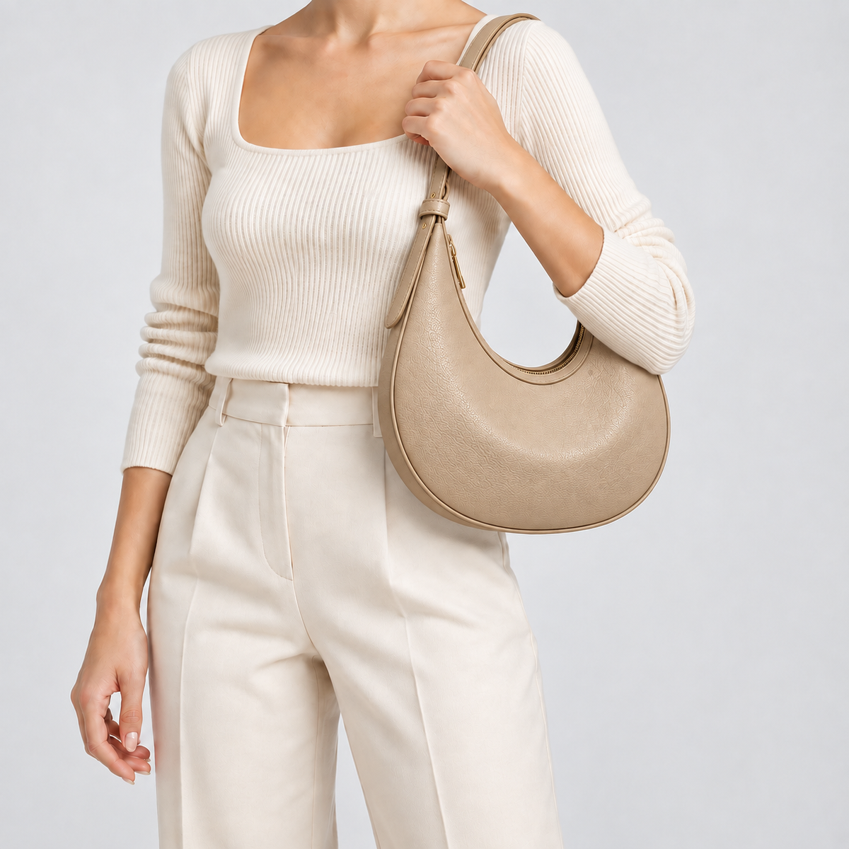 Sac demi-lune femme en simili cuir - kaki