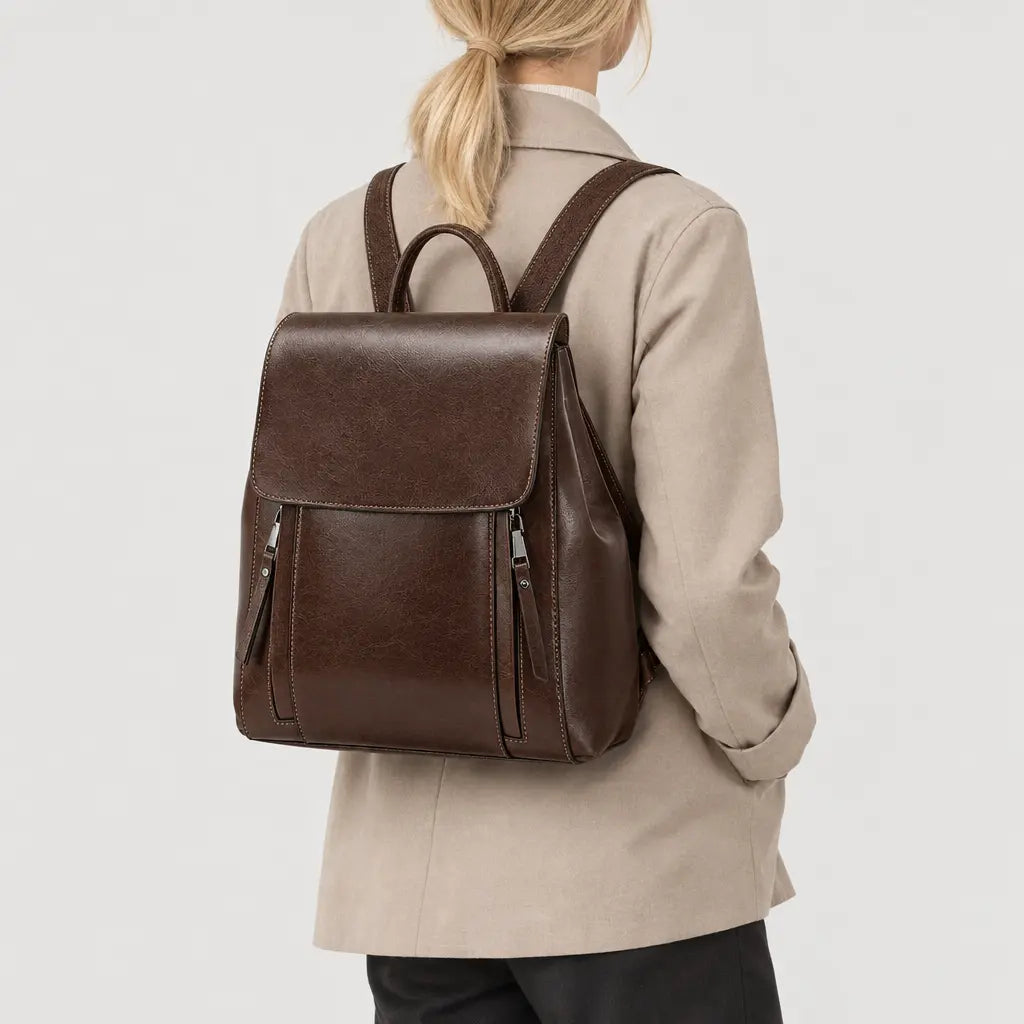 Sac à dos femme en cuir véritable - cafe