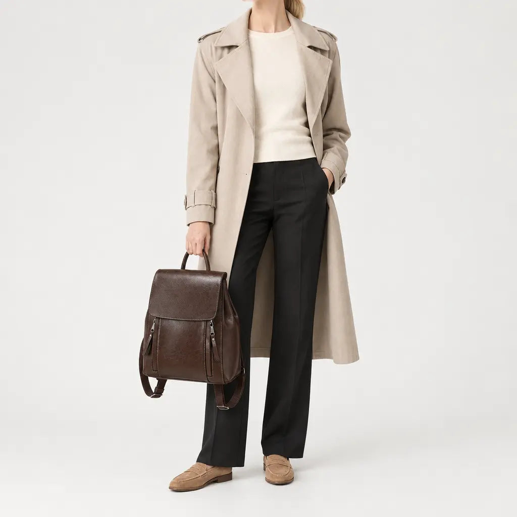 Sac à dos femme en cuir véritable - cafe