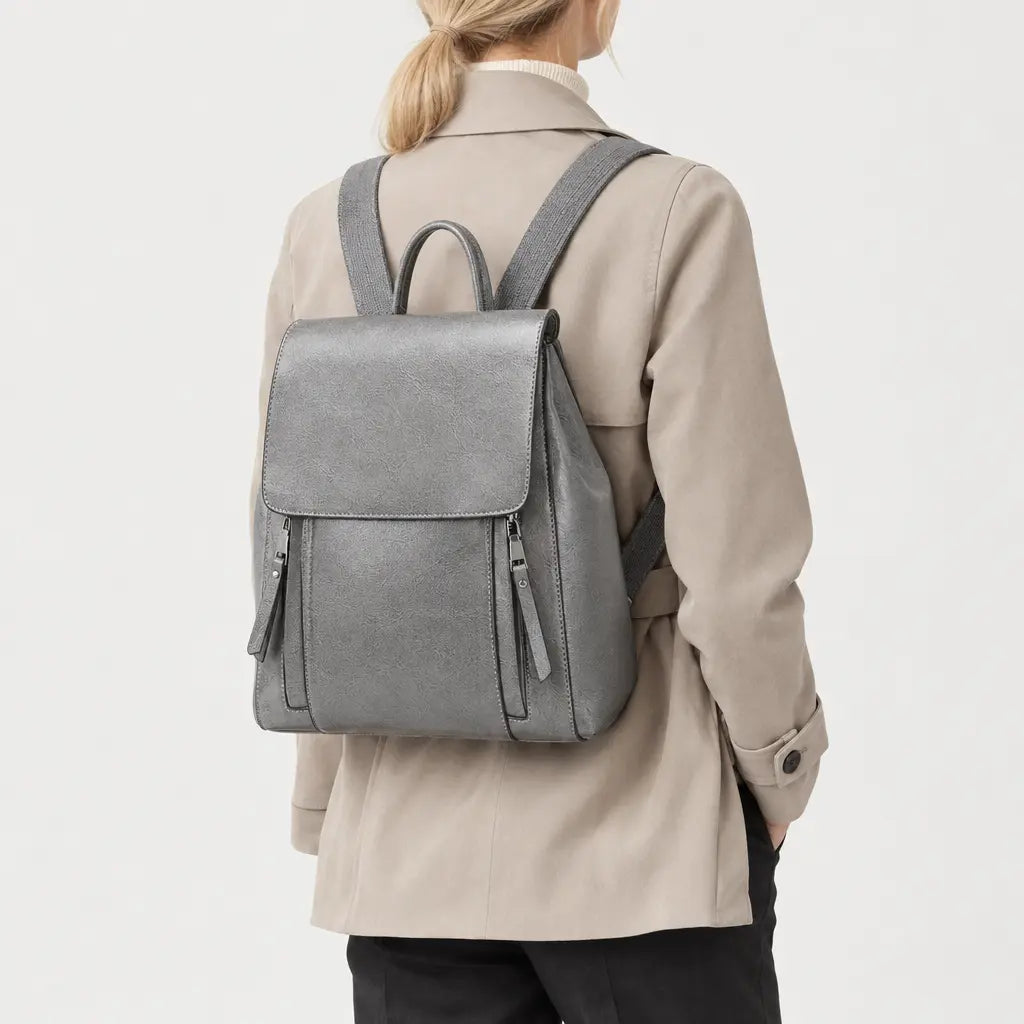 Sac à dos femme en cuir véritable - gris