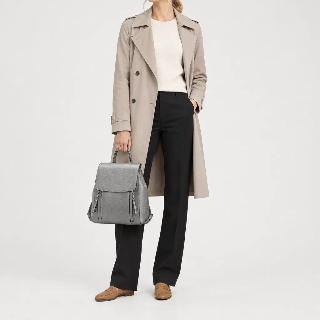 Sac à dos femme en cuir véritable - gris
