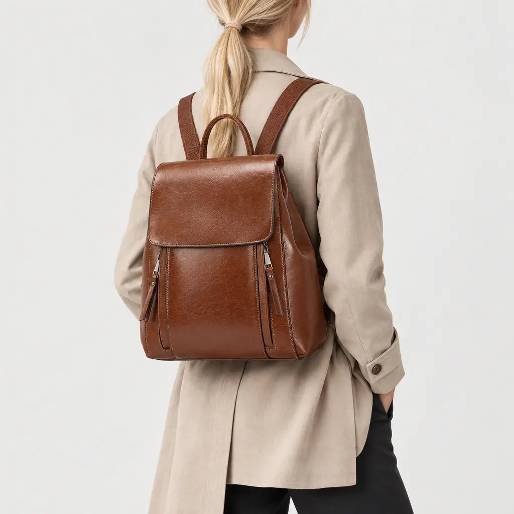 Sac à dos femme en cuir véritable - marron