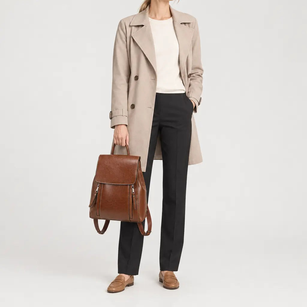 Sac à dos femme en cuir véritable - marron