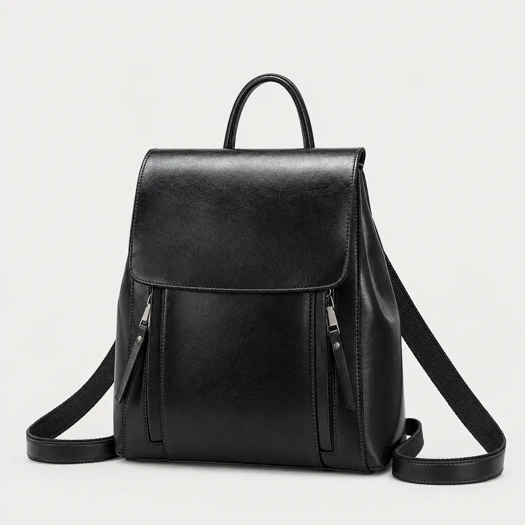 Sac à dos femme en cuir véritable - noir