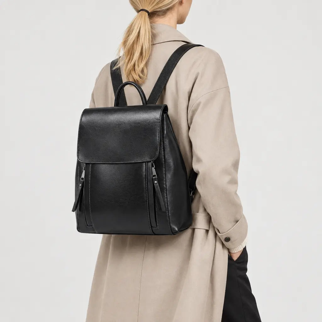 Sac à dos femme en cuir véritable - noir