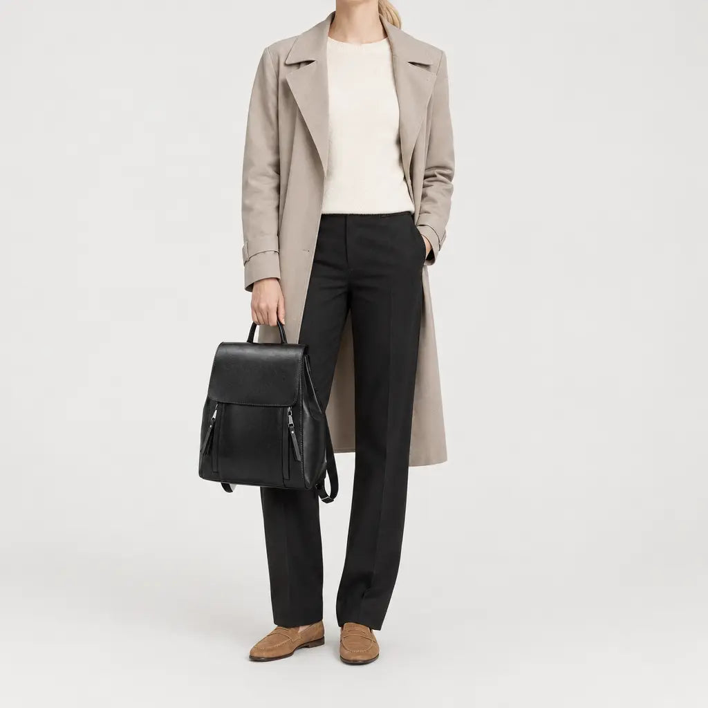 Sac à dos femme en cuir véritable - noir