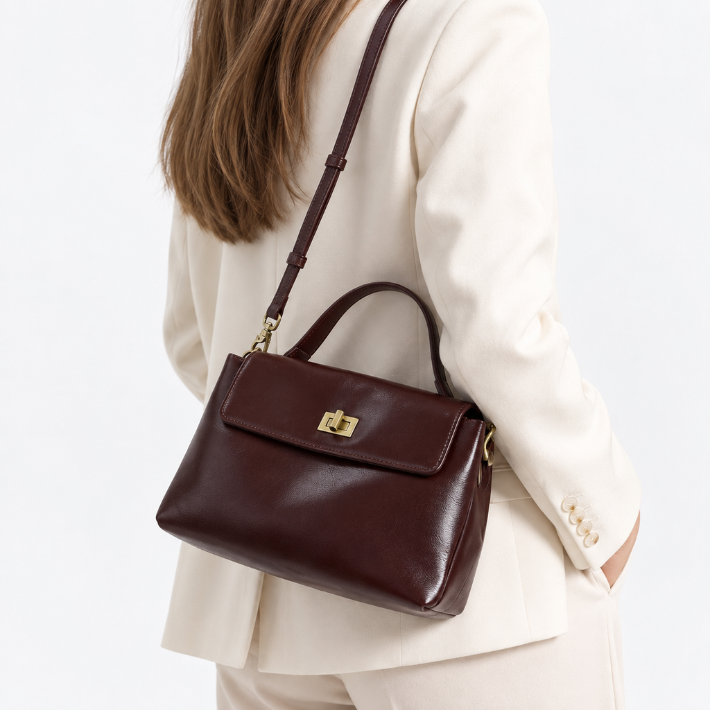 Sac à main femme compact en cuir ciré - cafe
