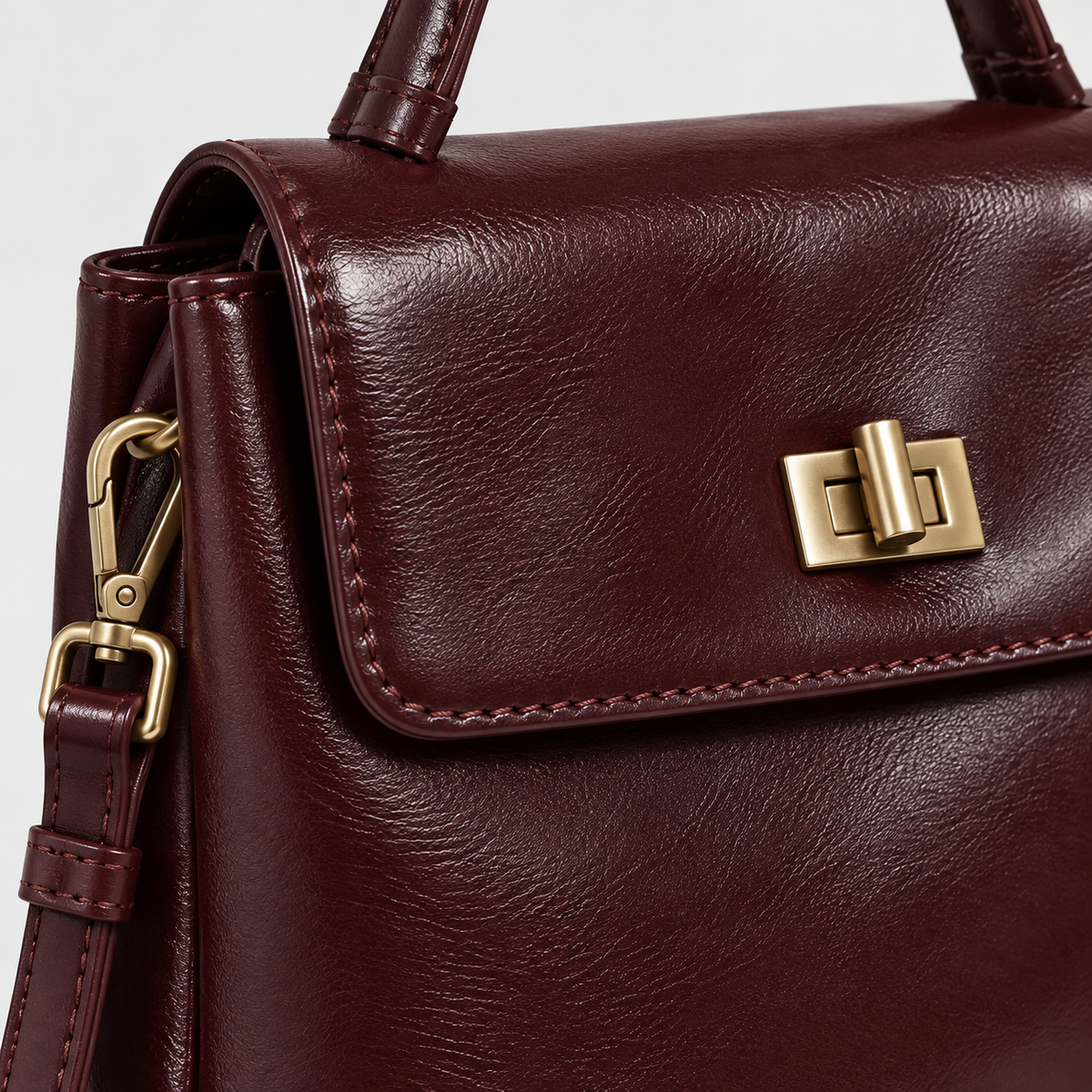 Sac à main femme compact en cuir ciré - bordeaux