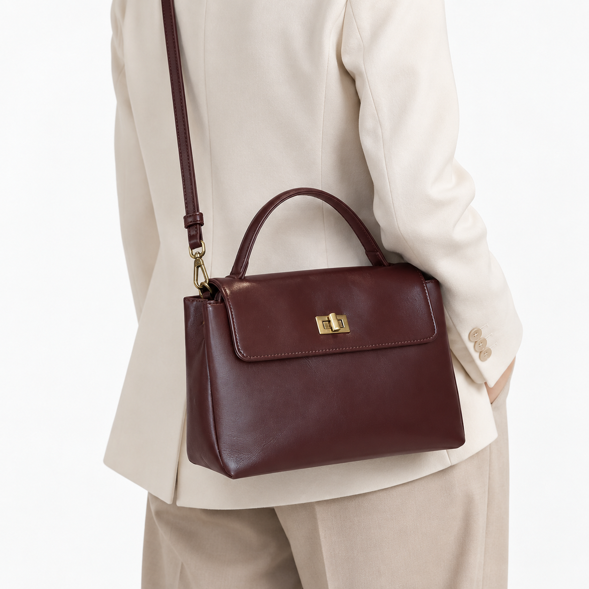 Sac à main femme compact en cuir ciré - bordeaux