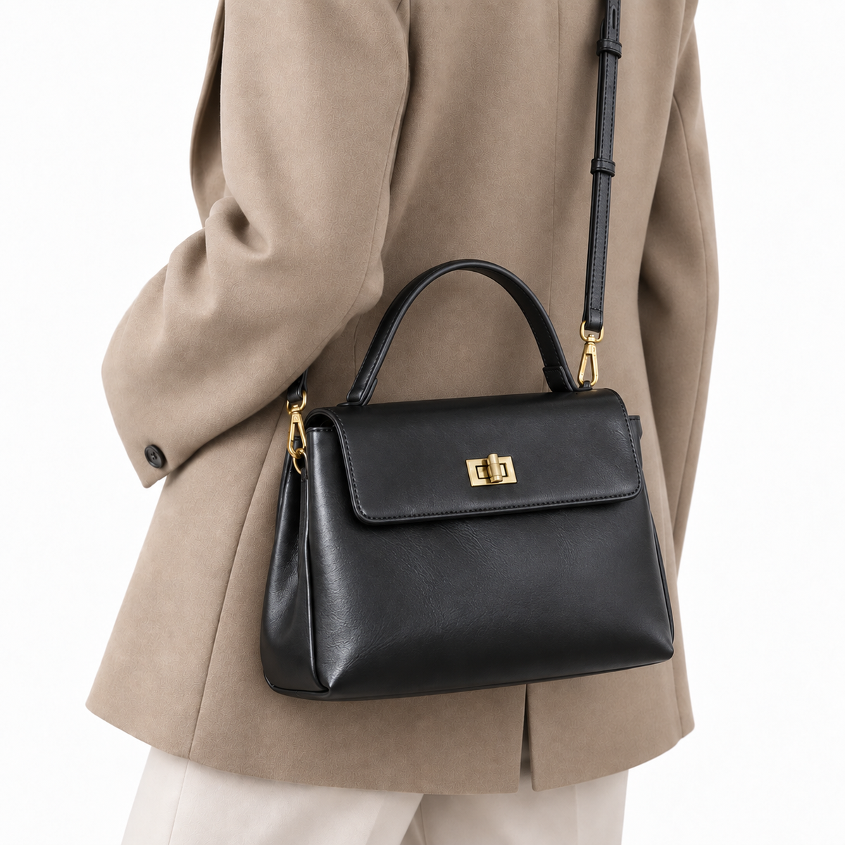 Sac à main femme compact en cuir ciré - noir