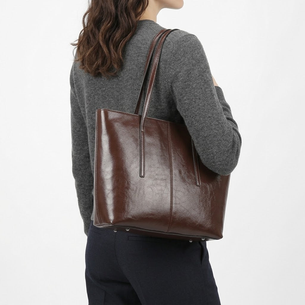 Sac cabas femme en cuir véritable zippé - cafe