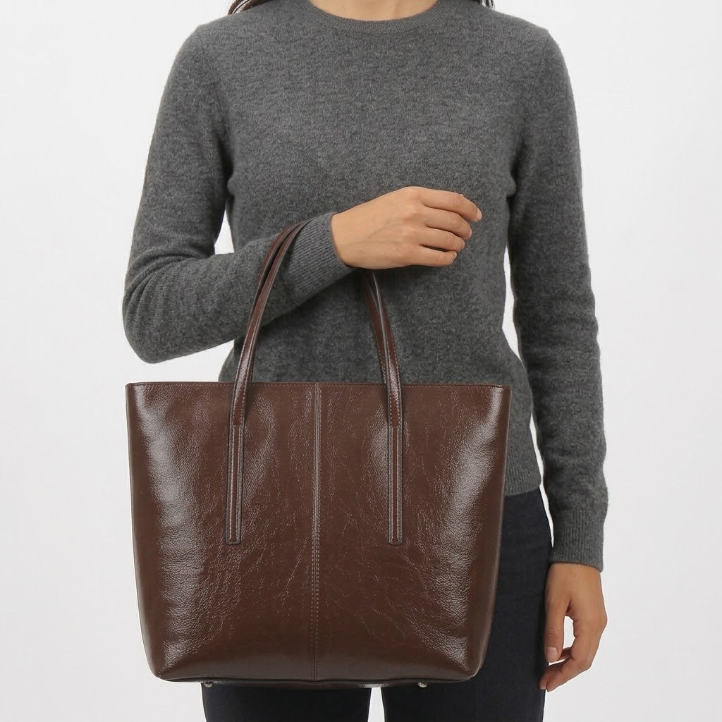 Sac cabas femme en cuir véritable zippé - cafe