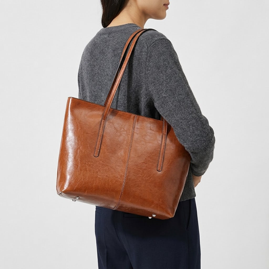 Sac cabas femme en cuir véritable zippé - marron