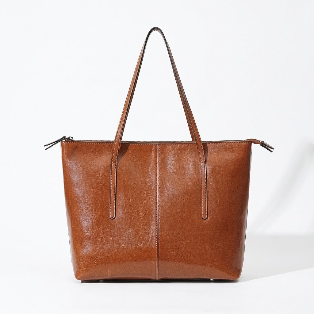 Sac cabas femme en cuir véritable zippé - marron