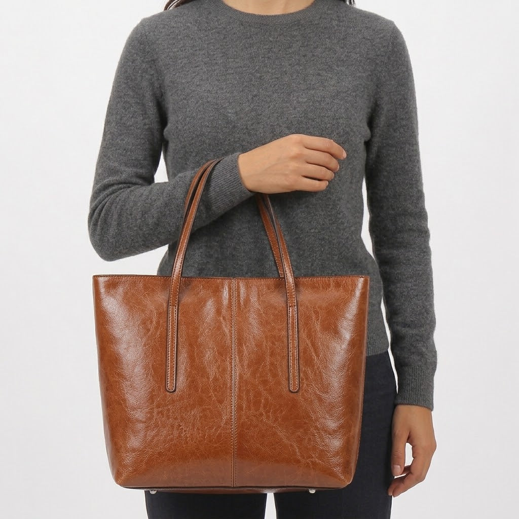 Sac cabas femme en cuir véritable zippé - marron