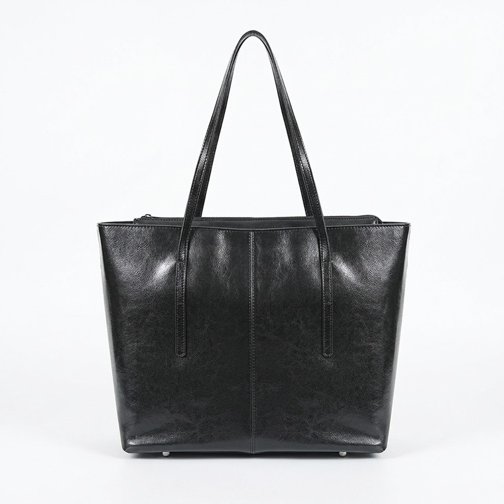 Sac cabas femme en cuir véritable zippé - noir
