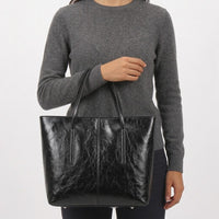 Sac cabas femme en cuir véritable zippé - noir