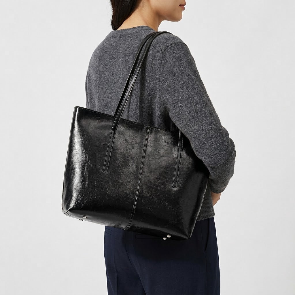 Sac cabas femme en cuir véritable zippé - noir