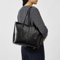 Sac cabas femme en cuir véritable zippé - noir