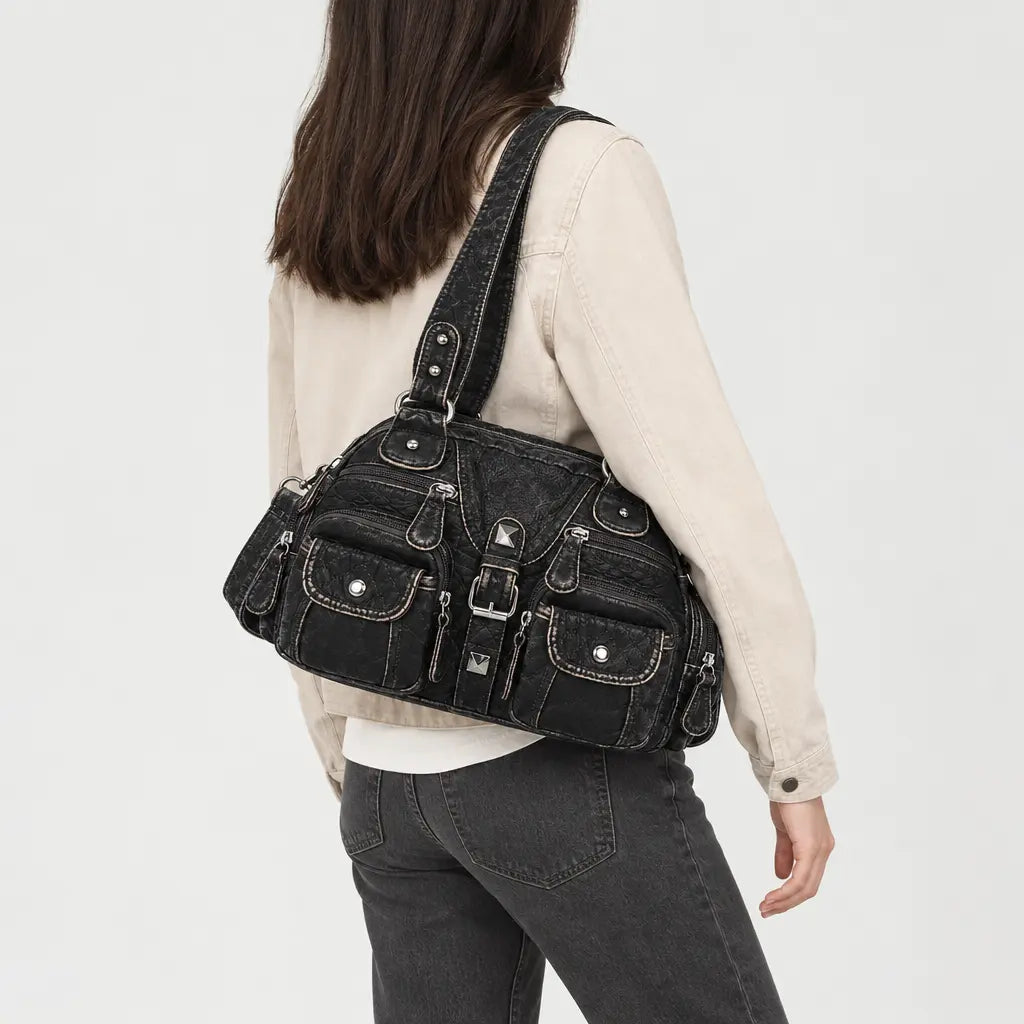 Sac à main femme en simili cuir à anse - jean noir