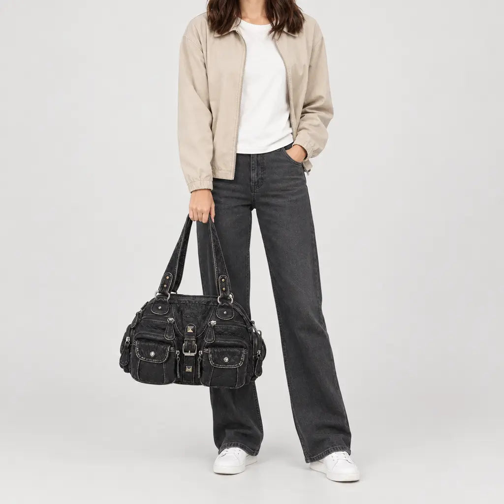 Sac à main femme en simili cuir à anse - jean noir