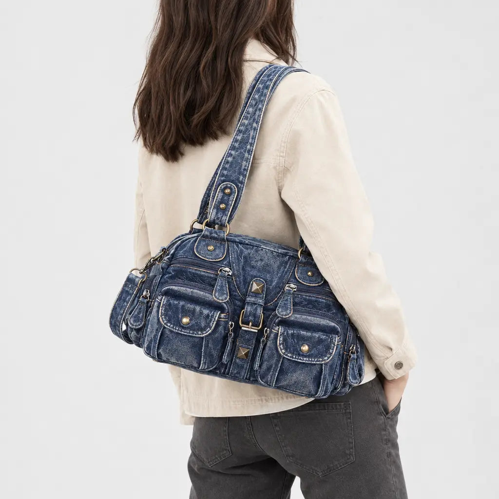 Sac à main femme en simili cuir à anse - jean bleu