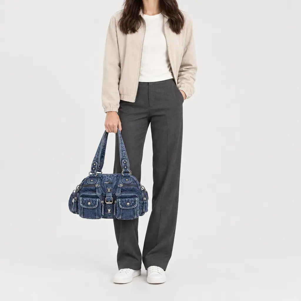 Sac à main femme en simili cuir à anse - jean bleu