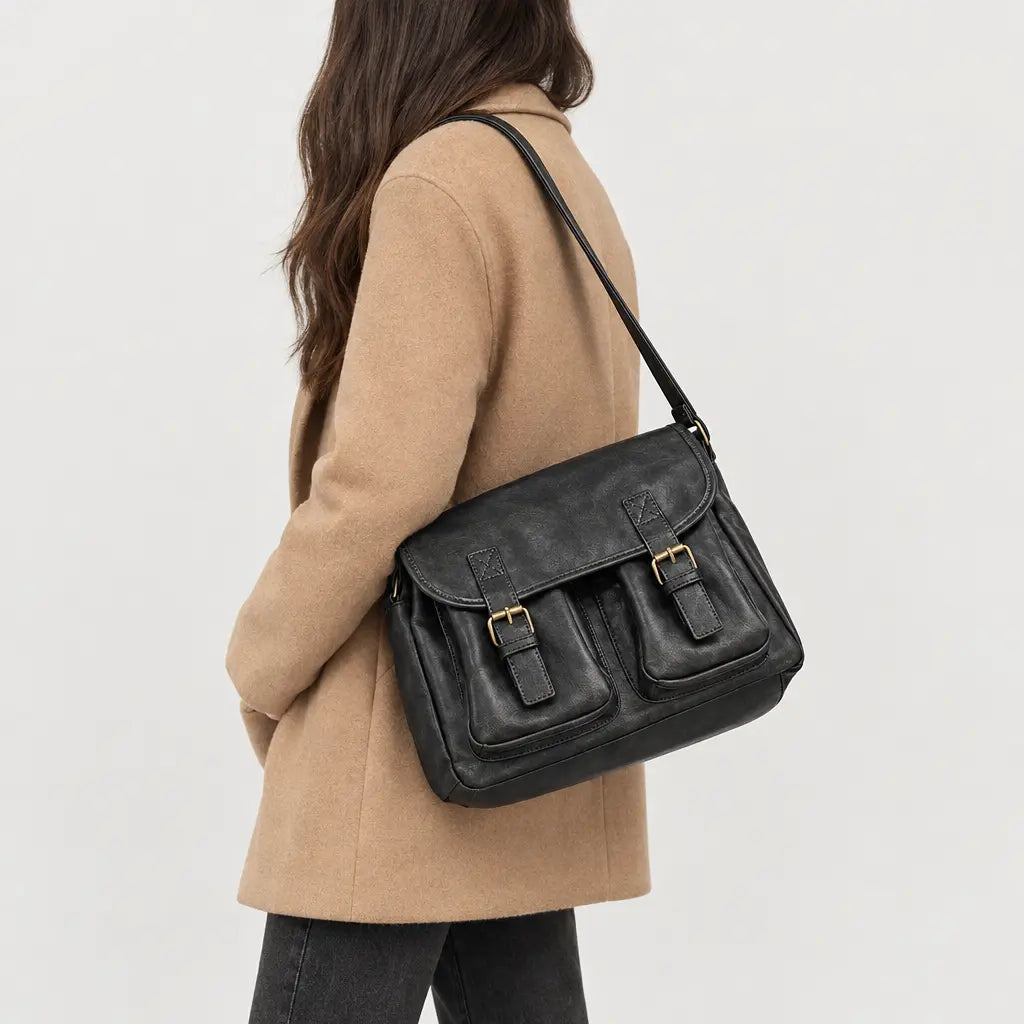Sac bandoulière femme à double fermeture - noir