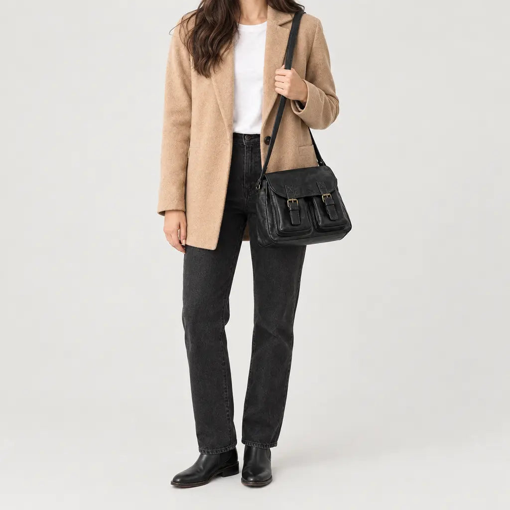 Sac bandoulière femme à double fermeture - noir