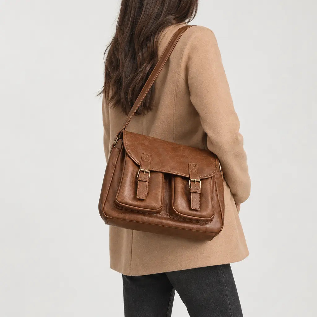 Sac bandoulière femme à double fermeture - marron