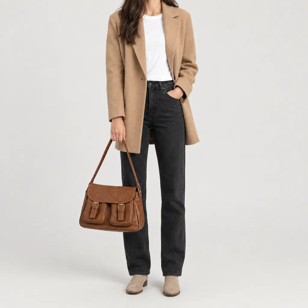 Sac bandoulière femme à double fermeture - marron