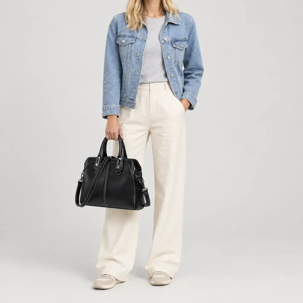Sac bandoulière femme en cuir ciré - noir