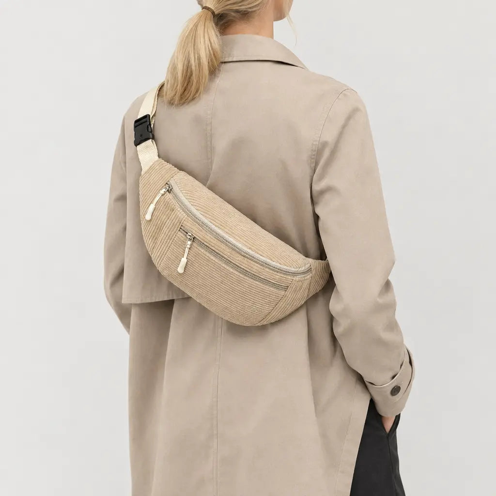 Sac banane femme en velours côtelé - beige