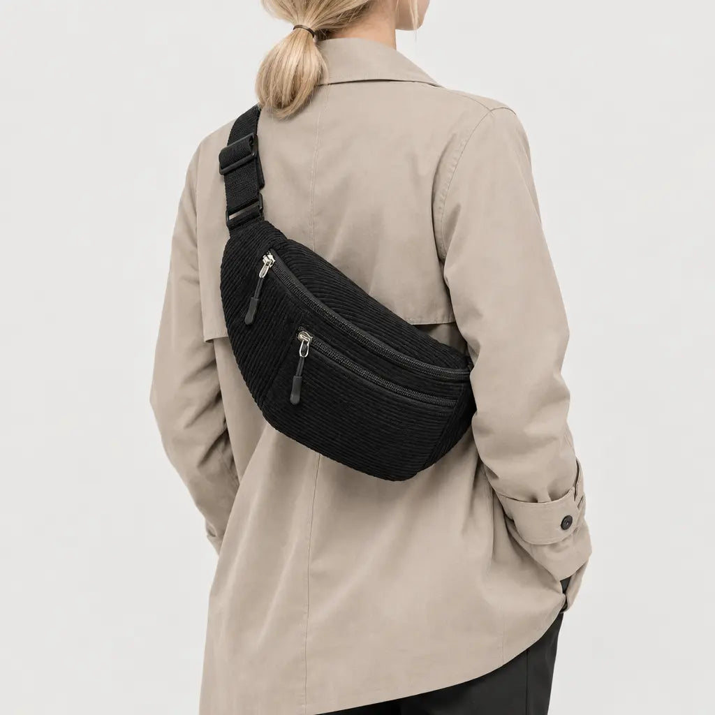Sac banane femme en velours côtelé - noir