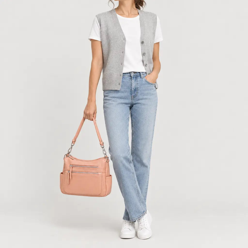 Sac à main femme en cuir véritable - abricot