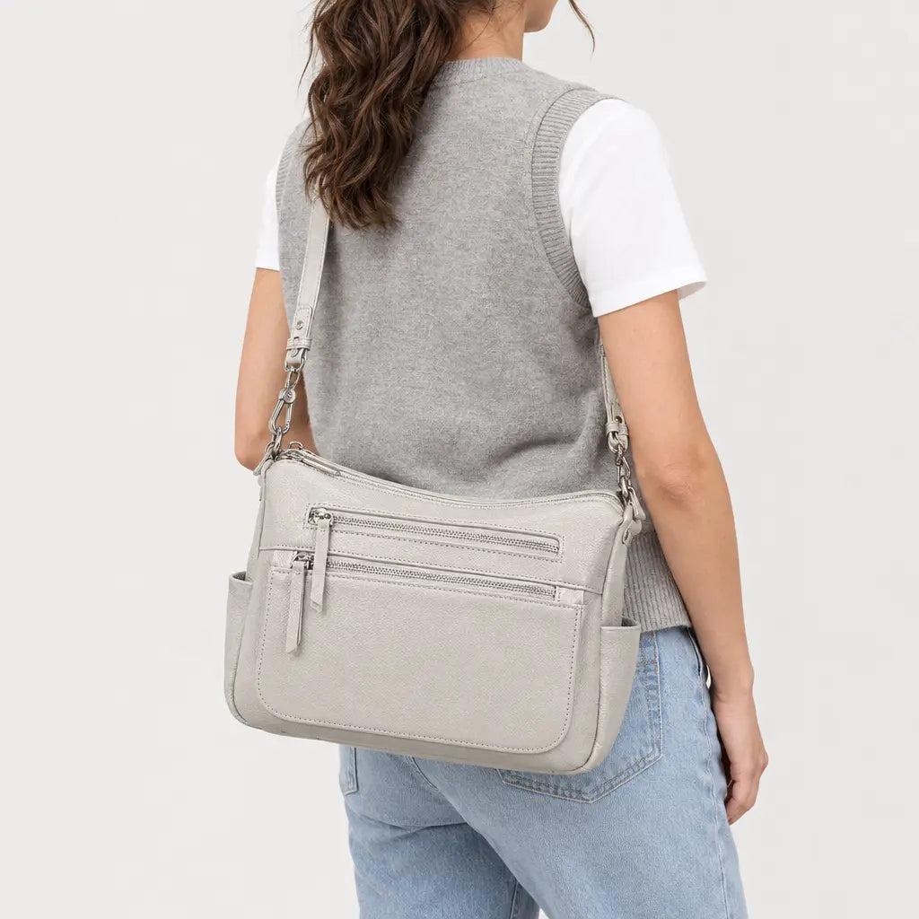 Sac à main femme en cuir véritable - gris blanc