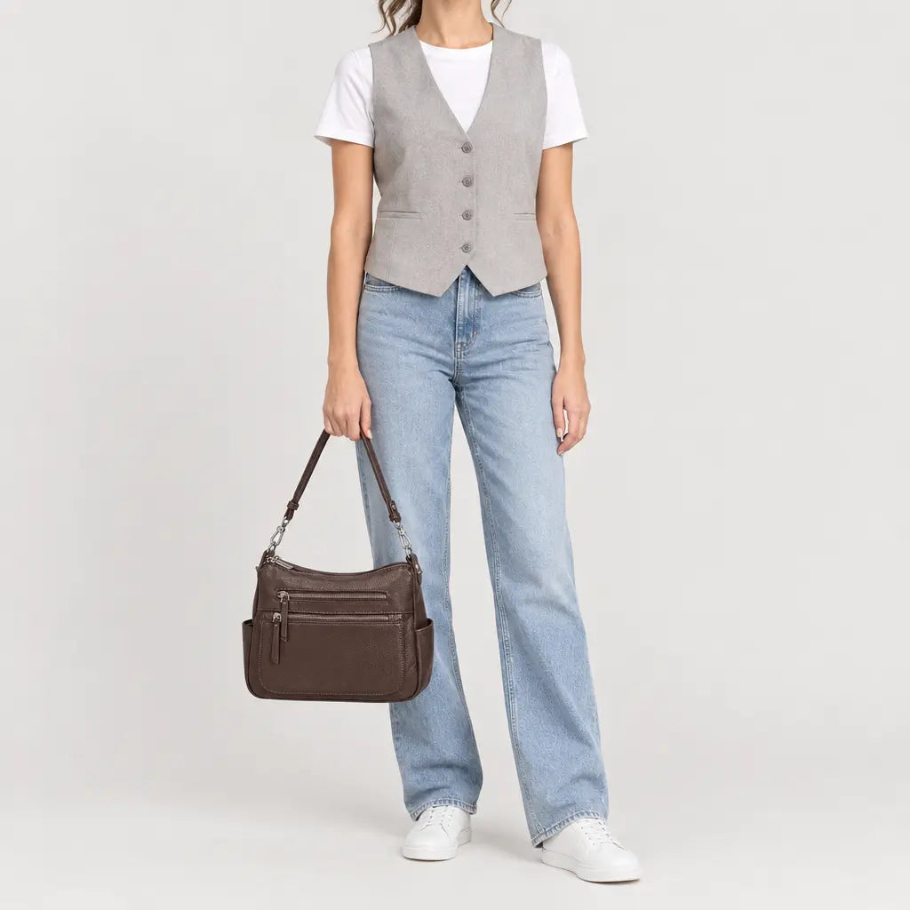 Sac à main femme en cuir véritable - cafe