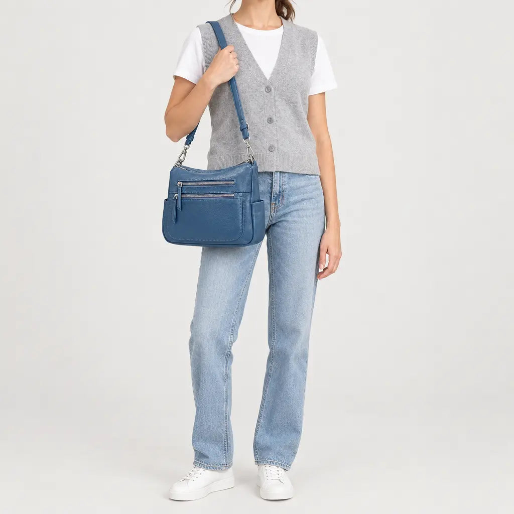 Sac à main femme en cuir véritable - bleu