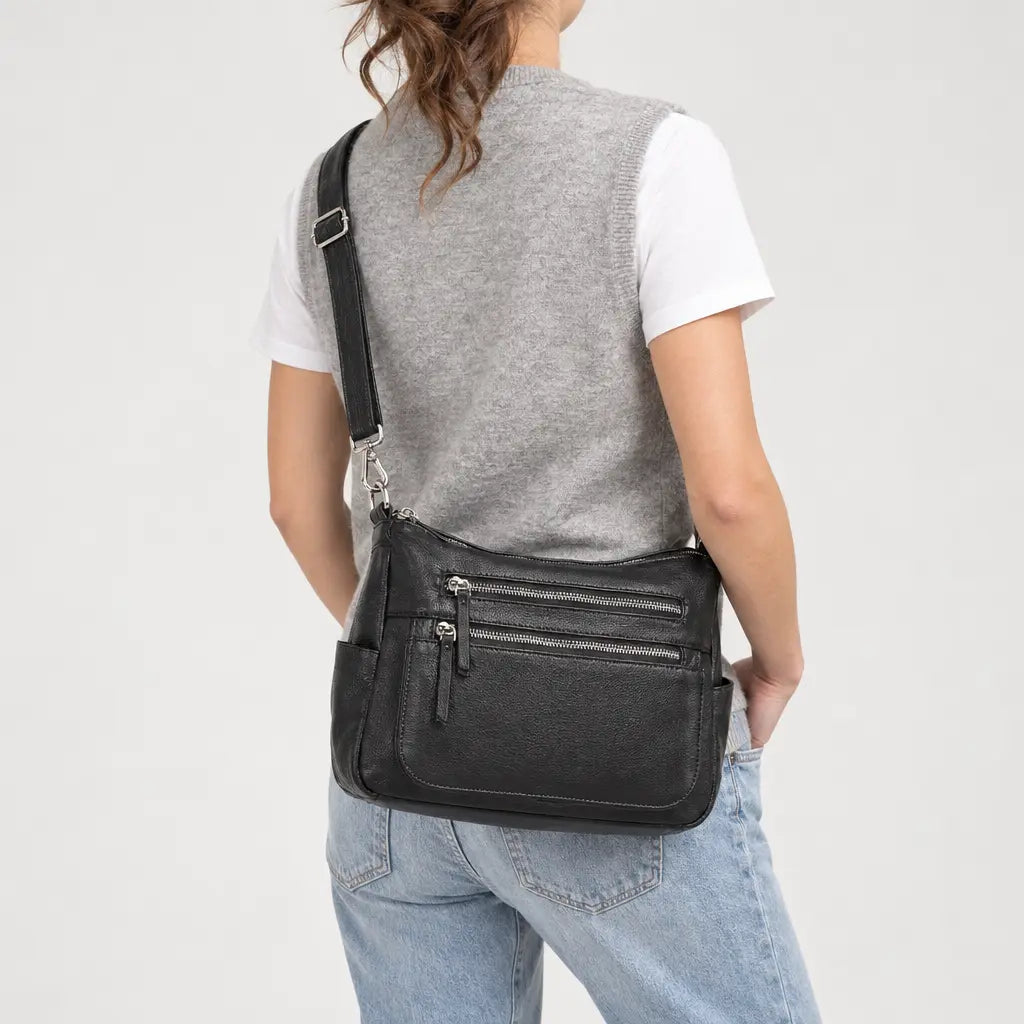 Sac à main femme en cuir véritable - noir