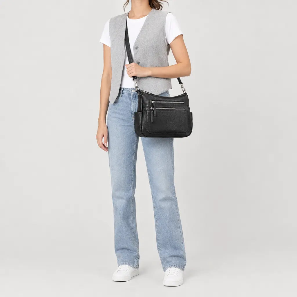 Sac à main femme en cuir véritable - noir