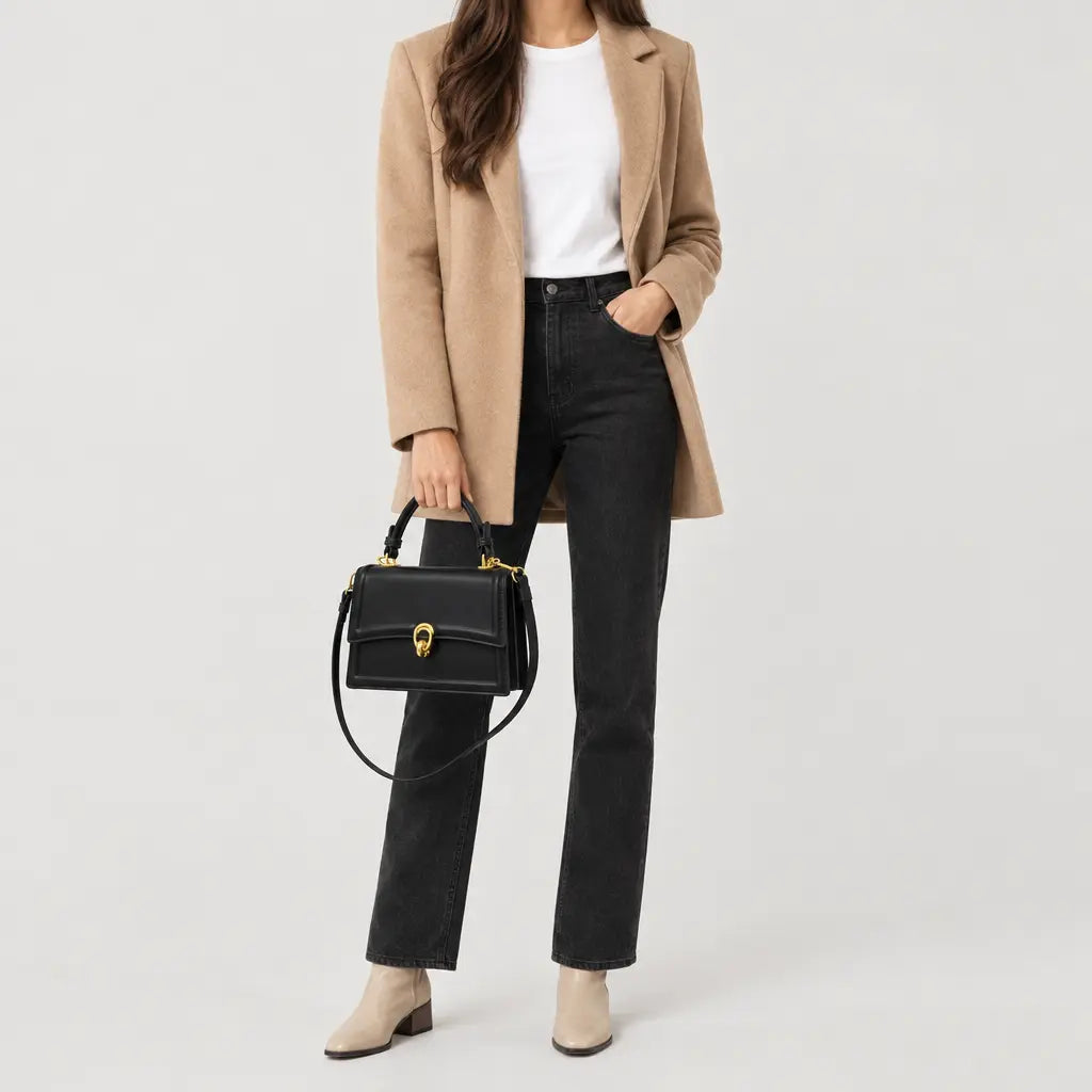 Sac à main carré femme en simili cuir - noir