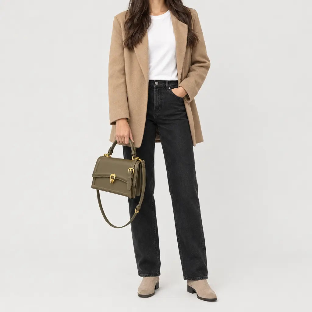 Sac à main carré femme en simili cuir - kaki