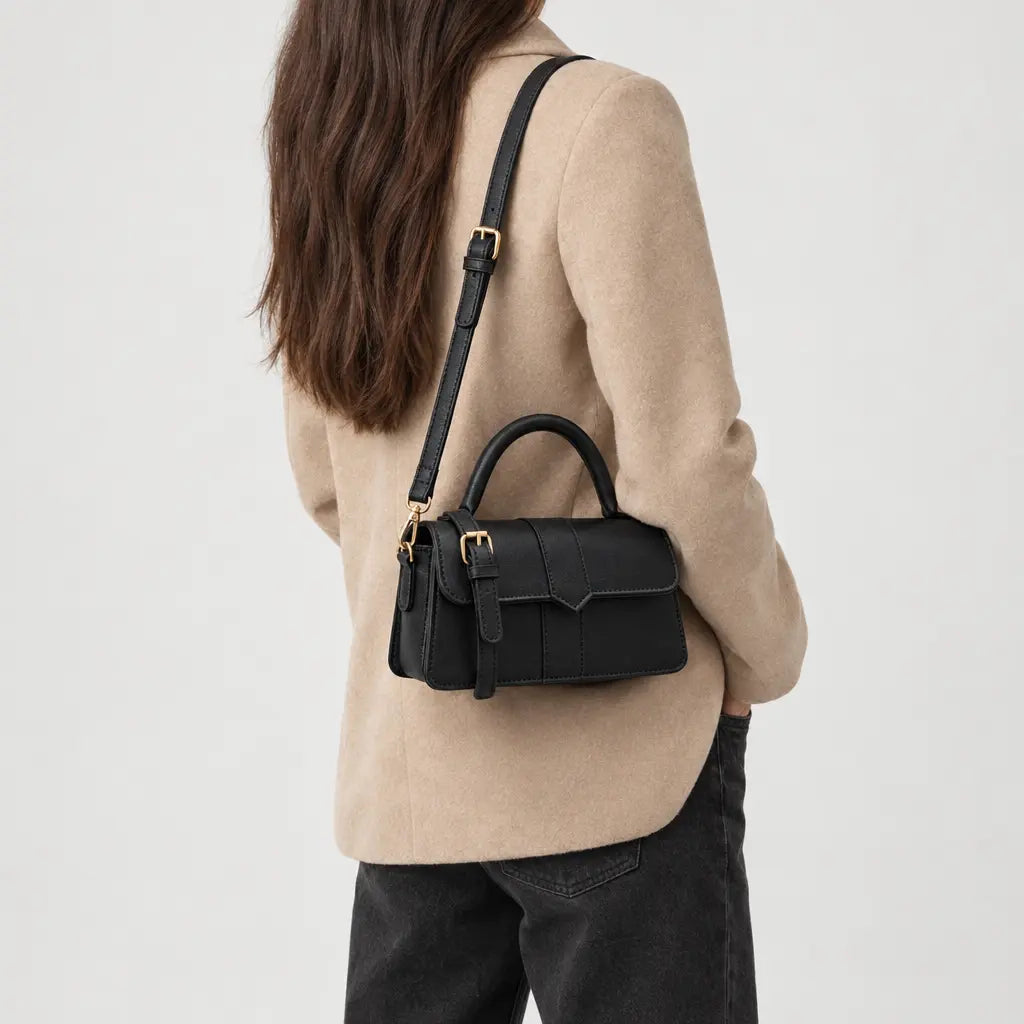 Sac à main carré femme en simili cuir - noir 21x12x8